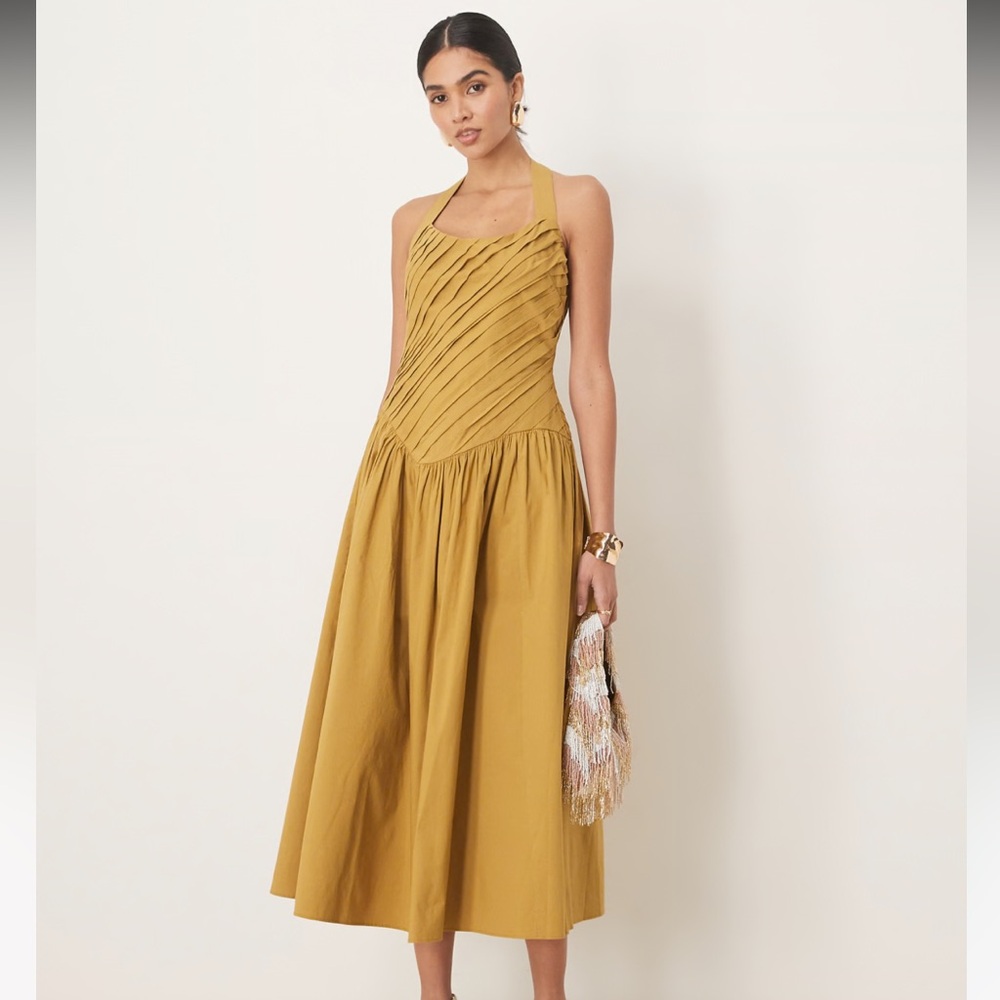 halter neck asymmetric pleat bodice midi dress with dropped waist in turmeric